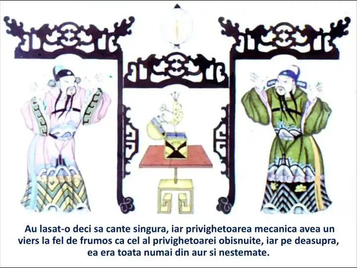 Ilustrare cu personaje, cu un text narativ despre o privighetoare mecanică.