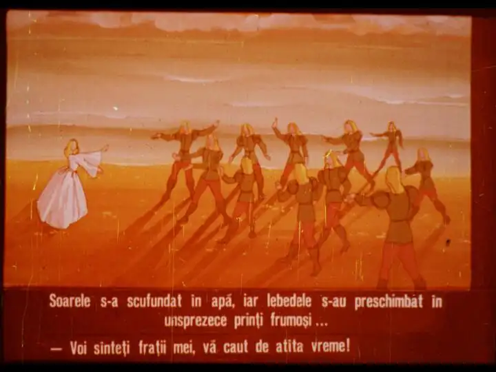 O ilustrație cu un text narativ despre soarele care s-a scufundat în apă și despre lebede transformate în prinți.