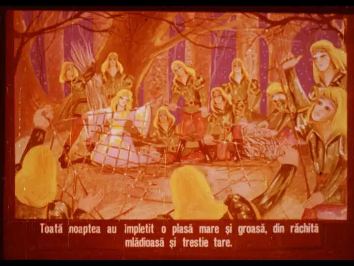 Ilustrație cu personaje împletind o plasă mare din răchită și trestie.