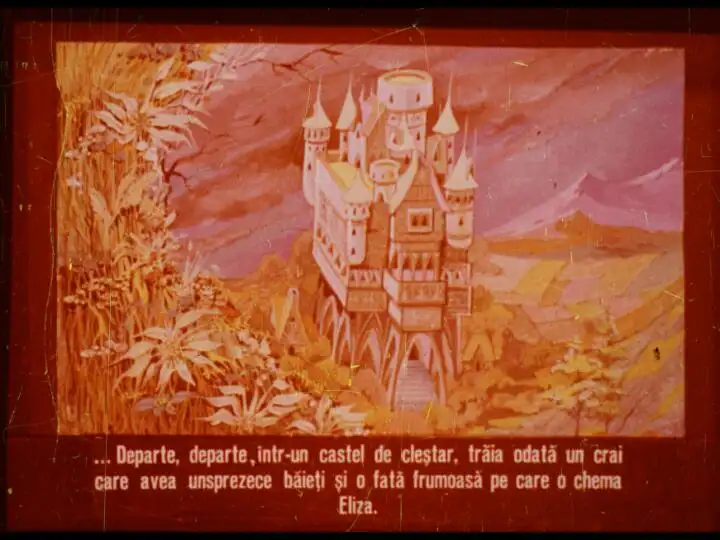 Imagine artistică a unui castel cu un text narativ despre o poveste.