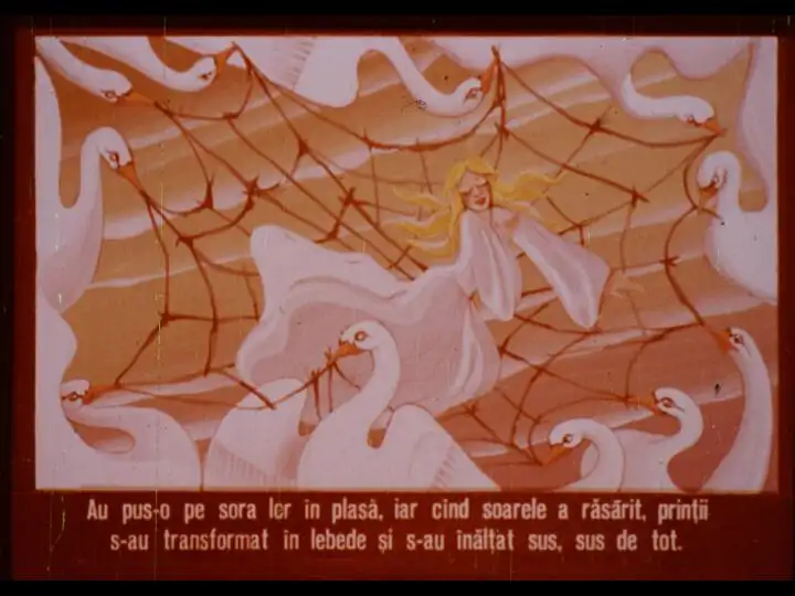 Ilustrație cu o femeie într-o plasă, înconjurată de lebede, cu un fundal colorat.