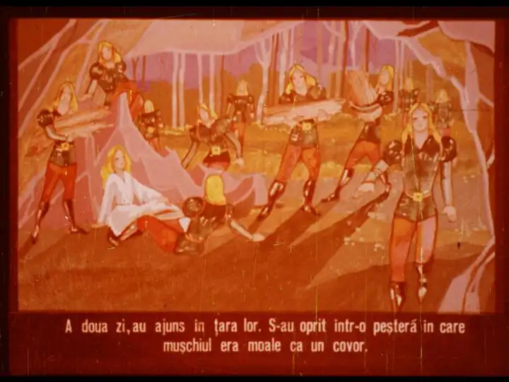 O ilustrație cu personaje fantastice într-un peisaj de pădure, prezentând o scenă de adventură.