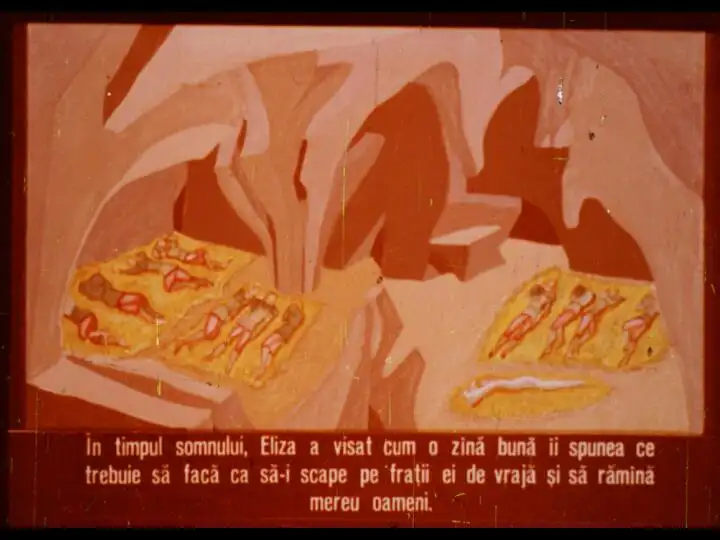 Ilustrație care ilustrează o poveste despre o zână bună care ajută o fată numită Eliza să-și salveze frații de o vrajă.