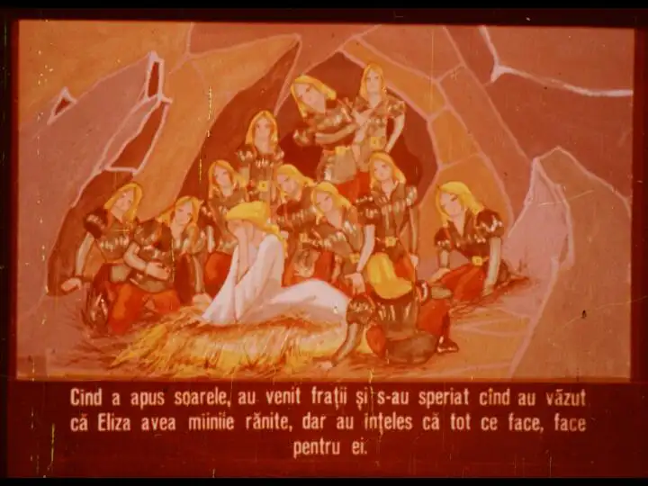 Ilustrație cu personaje care stau într-o peșteră, în jurul unei figure centrale, în timp ce un text explicativ descrie o situație emoționantă.