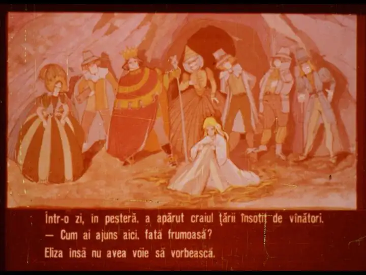 Ilustrație reprezentând o scenă dintr-o poveste, cu personaje diverse într-o peșteră.