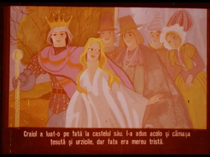 Ilustrație care prezintă un crai și o fată la castel, înconjurați de personaje, cu un text descriptiv despre povestea lor.