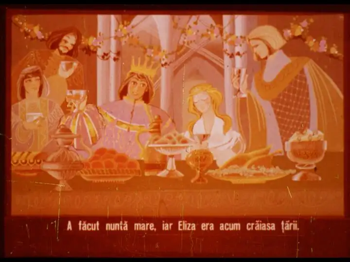 O scenă festivă cu o nuntă, reprezentând personaje de poveste și bucate de sărbătoare.