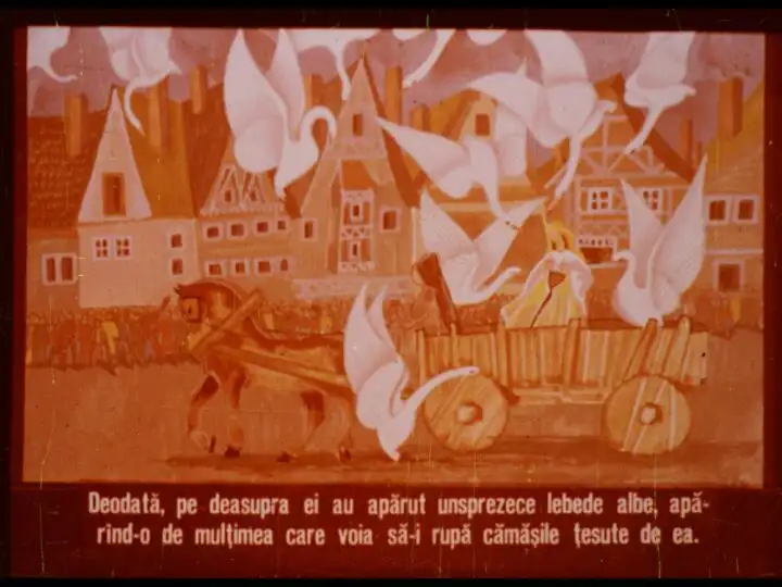 Imagine ilustrativă cu lebede albe zburând deasupra unei căruțe, pe fundalul unui peisaj urban.