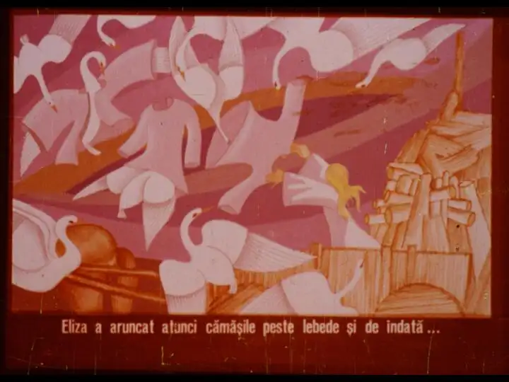 Imagine artistică abstractă cu lebede și figuri umane desfășurându-se într-un peisaj colorat.