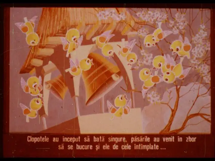 O ilustrație cu păsări zburând și un peisaj de primăvară, cu un text care descrie cum clopotele bat singure, iar păsările se bucură de evenimentele curente.