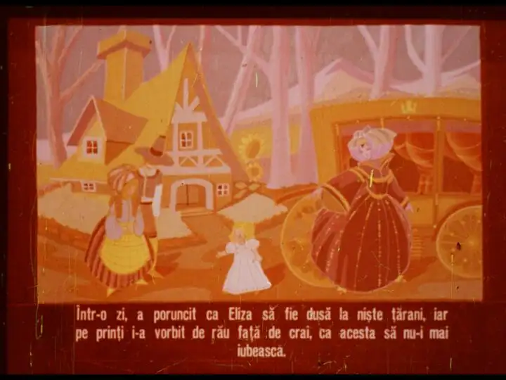 Ilustrație cu personaje dintr-o poveste, cu un peisaj de iarnă și un text care descrie o întâmplare.