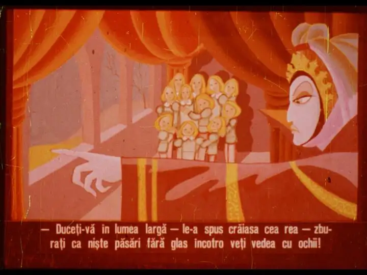 Ilustrație cu o femeie care arată spre un grup de formațiuni umane, având un text în partea de jos care conține o replică despre a merge în lume.