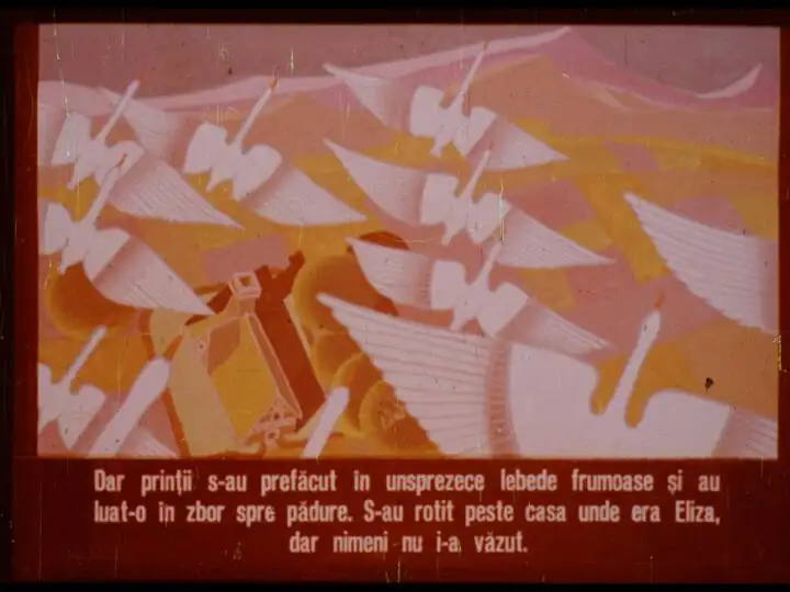 Ilustrație cu lebede și un personaj, cu text despre prinți care s-au prefăcut în lebede.