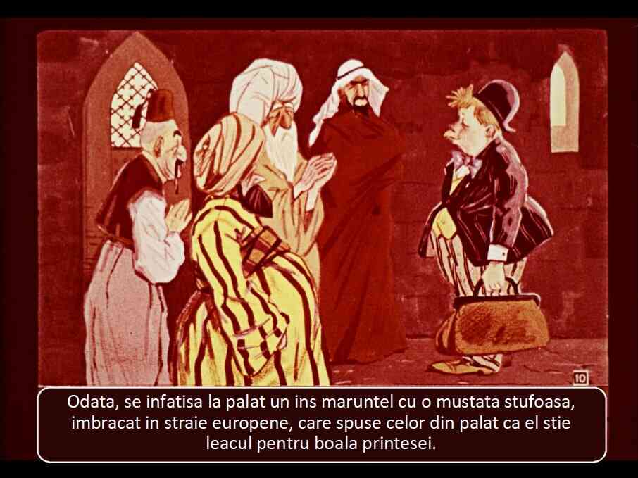 Ilustrație cu un grup de personaje într-un palat, discutând, cu un bărbat mic cu mustață stufos și îmbrăcat în straie europene.