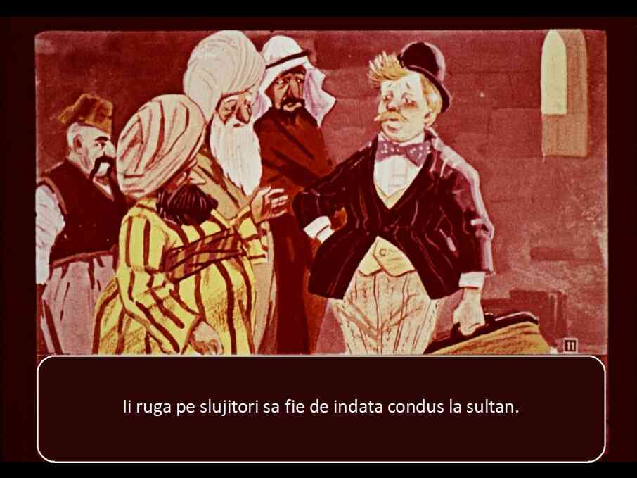 O scenă ilustrată cu un sultan și o persoană îmbrăcată elegant care se află în mijlocul unei discuții.