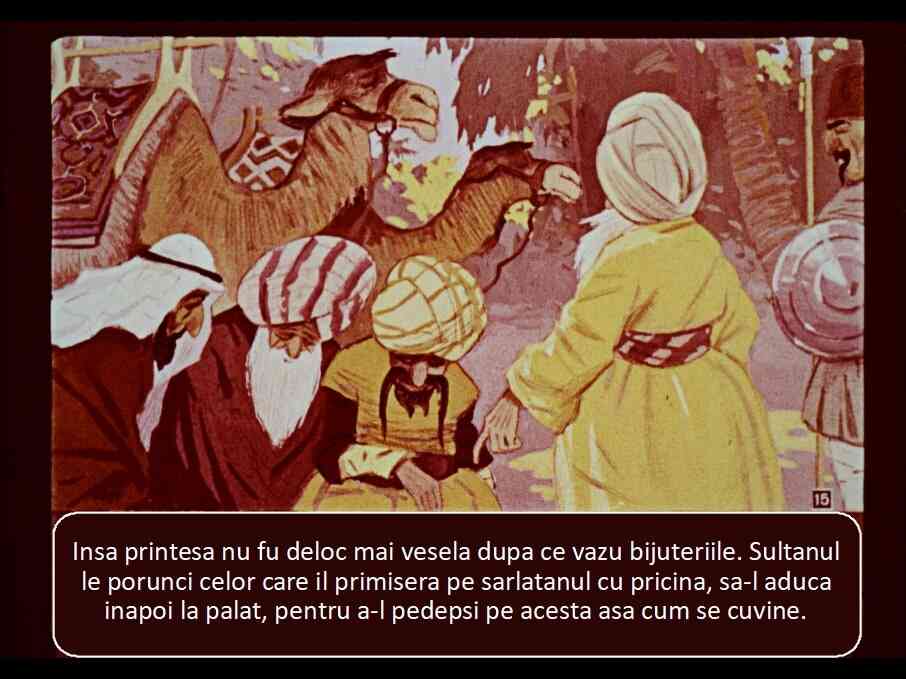 Ilustrație cu oameni și camile într-un peisaj, cu text descriptiv despre o prințesă și un sultan.