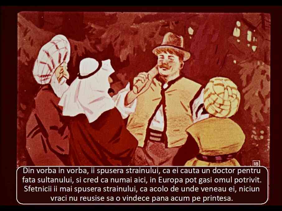 Ilustrație cu personaje discutând despre căutarea unui doctor pentru fata sultanului.