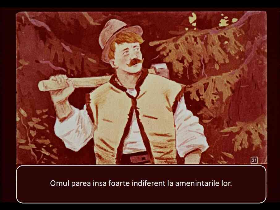 Ilustrație cu un bărbat, îmbrăcat într-o vestă, purtând o toporișcă, care pare indiferent față de amenințările din jur.