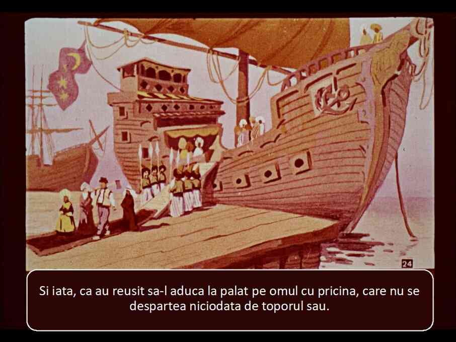 Ilustrație reprezentând o scenă istorică cu un palat și o navă, cu text explicativ despre aducerea unui om la palat.