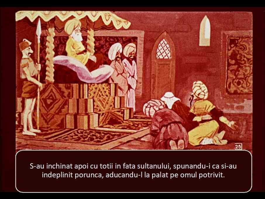 Ilustrație istorică cu oameni închinându-se în fața unui sultan.