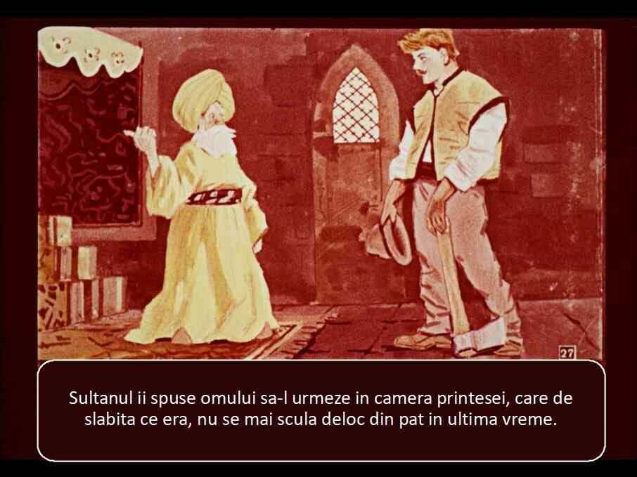 Ilustrație cu un sultan și un bărbat, cu text despre o conversație legată de o prințesă slabă.