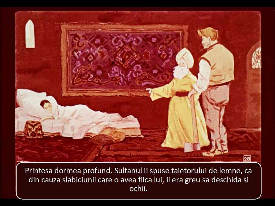 Ilustratie cu o printesa care doarme, inconjurata de personaje care discută despre starea ei.