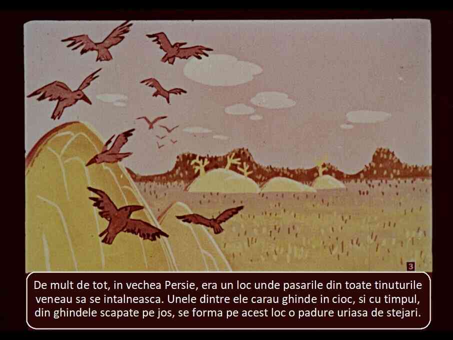 O imagine care ilustrează o scenă din vechea Persie, cu păsări zburând și un peisaj natural cu dealuri și copaci.