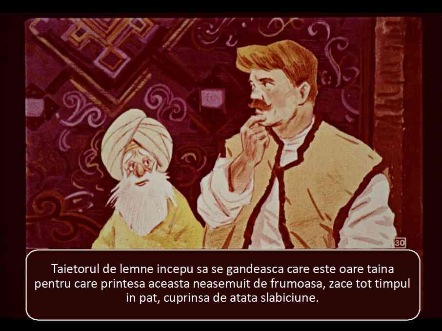 O ilustrație care prezintă un țăran și un bărbat cu turban, având un text descriptiv despre o prințesă. Bărbatul pare gânditor, iar țărănul se uită spre el.