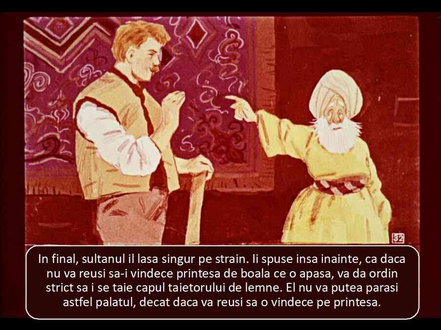 Ilustrație animată cu un sultan și un om care discută despre o prințesă bolnavă.
