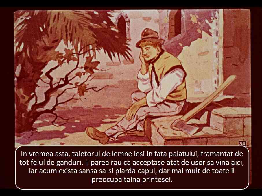 Ilustrație a unui taietor de lemne care meditează în fața unui palat, având o expresie de îngrijorare.