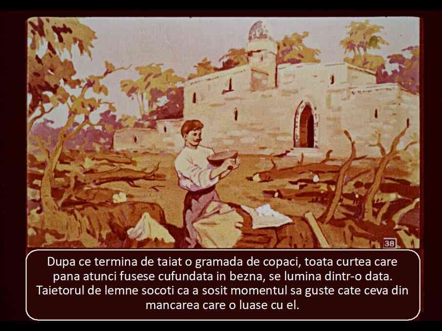 Ilustrație cu un băiat tăind copaci, acompaniat de un text descriind scena.