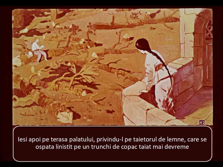 Imagine a unei persoane pe terasa unui palat, privindu-l pe un taietor de lemne care se odihneste.