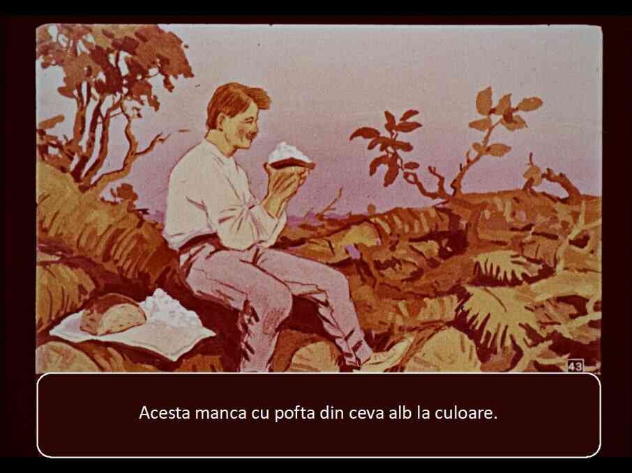 Ilustrație cu un bărbat care mănâncă un aliment alb, așezat pe o stâncă în natură.