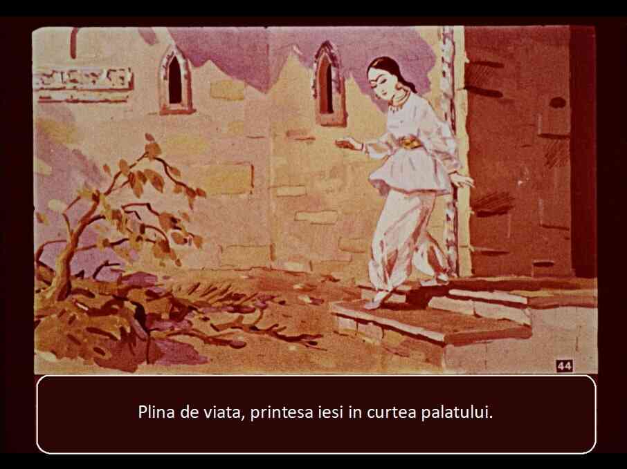O scenă ilustrată cu o prințesă care iese din palat, într-un decor colorat.