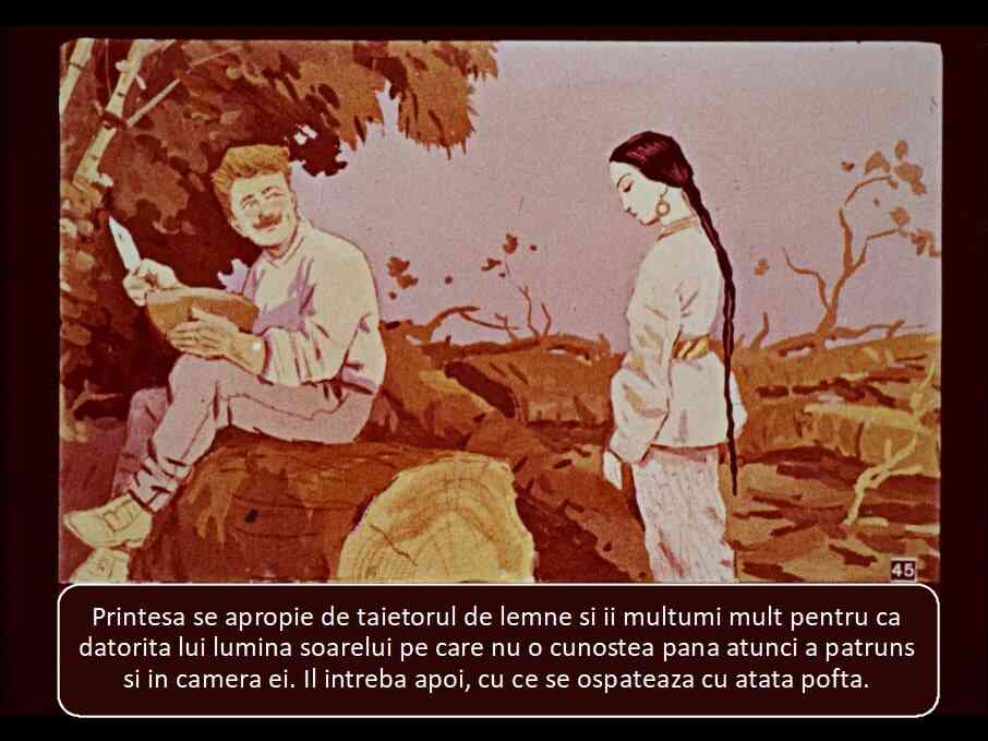Ilustrație cu o prințesă care se apropie de un tăietor de lemne, exprimându-i recunoștința pentru lumina soarelui.