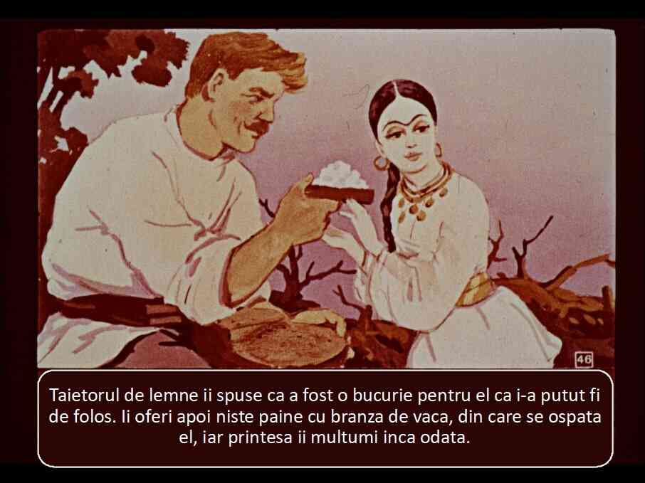 Ilustratie cu un taietor de lemne si o printesa, care discuta si impart mancare in semn de recunostinta.