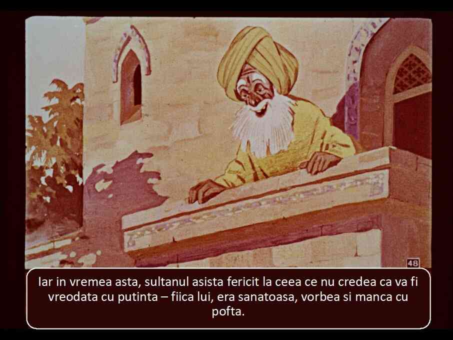 Ilustrație cu un sultan zâmbitor care supraveghează fericit o scenă din viața de zi cu zi.