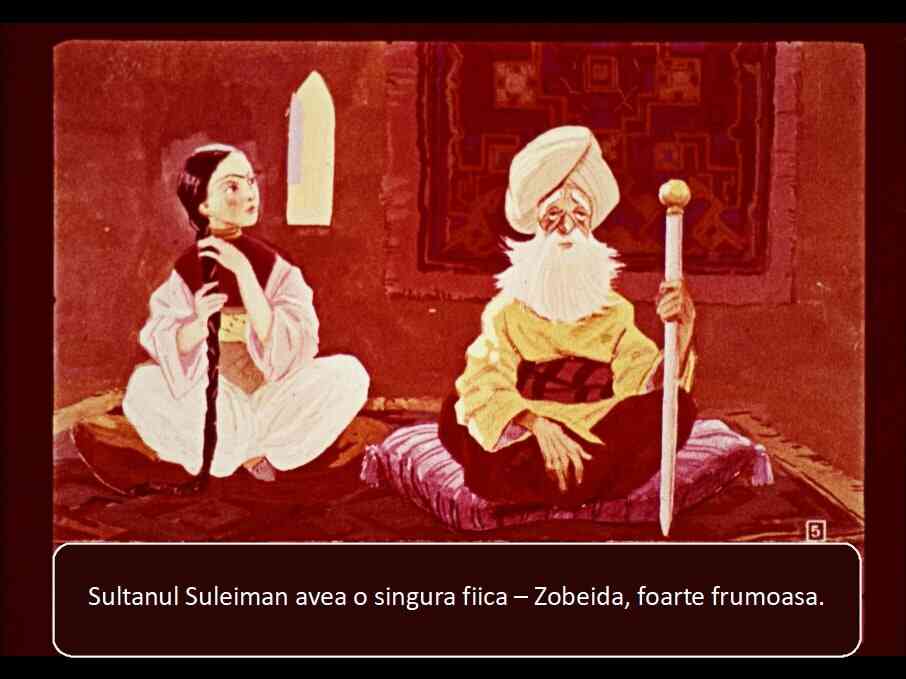 Ilustratie cu Sultanul Suleiman si fiica sa Zobeida, insotita de un text care descrie frumusetea acesteia.