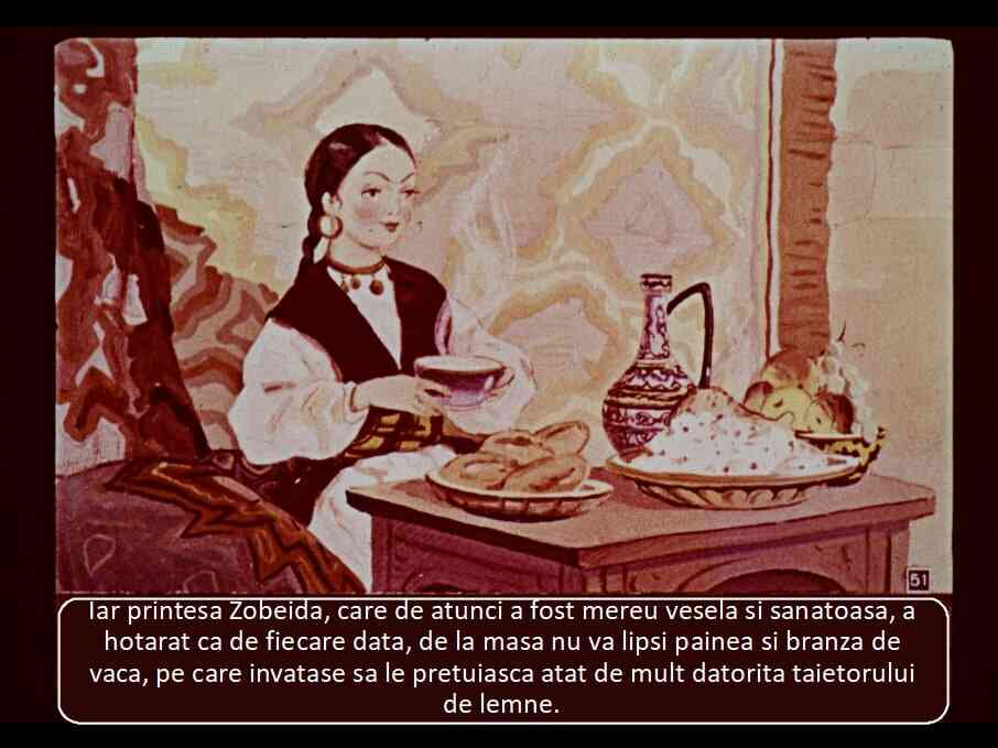 Ilustrație a unei prințese ce servește masa, cu diverse bunătăți pe masă.