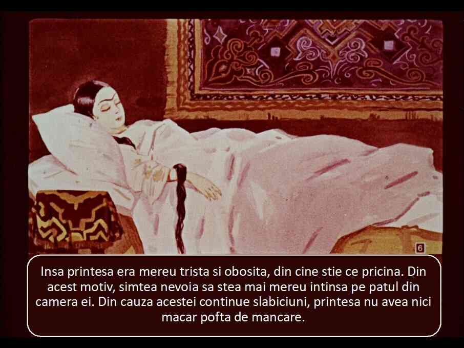 Ilustrație cu o prințesă care doarme, însoțită de un text despre tristețea și oboseala acesteia.