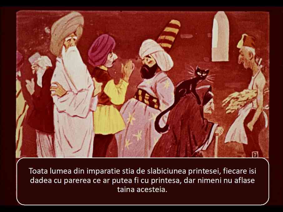 Imaginea ilustrează o scenă dintr-o poveste în care personaje discută despre o prințesă și secretul ei.