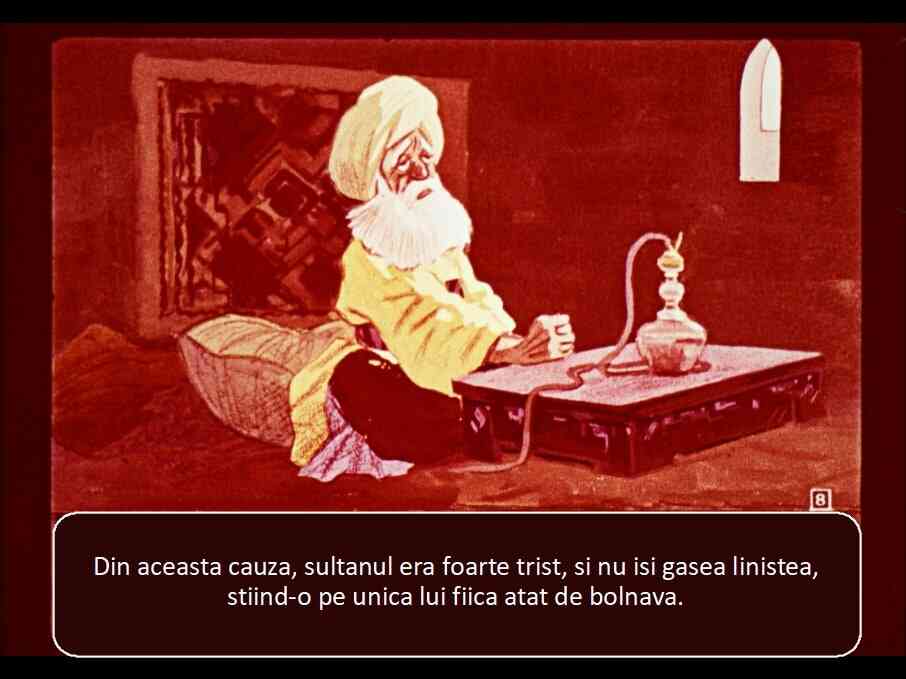 Ilustratie a unui sultan trist, reflectand asupra starii fiicei sale bolnave.