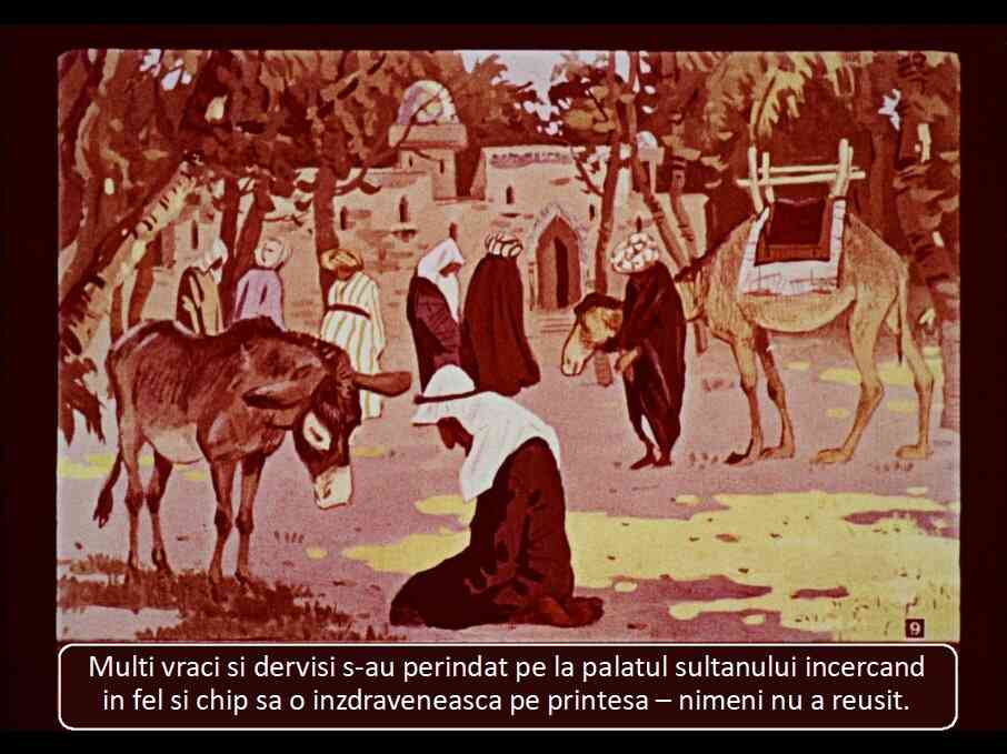 Ilustrație cu oameni și animale în fața unui palat, reprezentând o scenă dintr-o poveste.